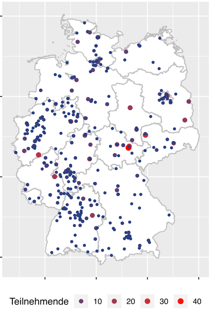 Verteilung der Schulen in Deutschland mit Teilnehmenden an der 1. Runde zur IPhO 2021.