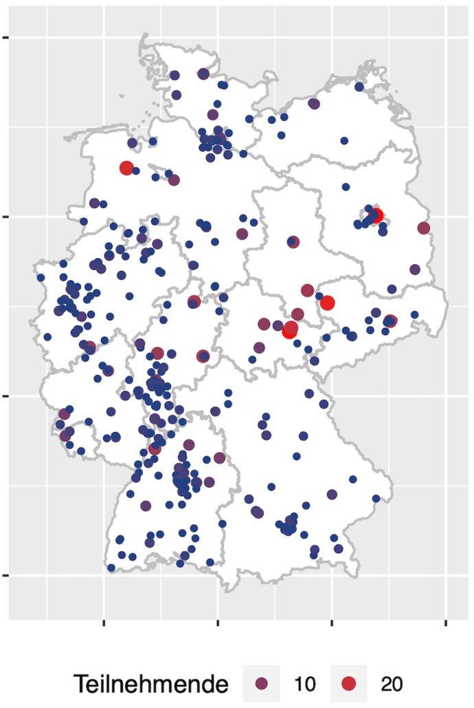 Verteilung der Schulen in Deutschland mit Teilnehmenden an der 1. Runde zur IPhO 2022.