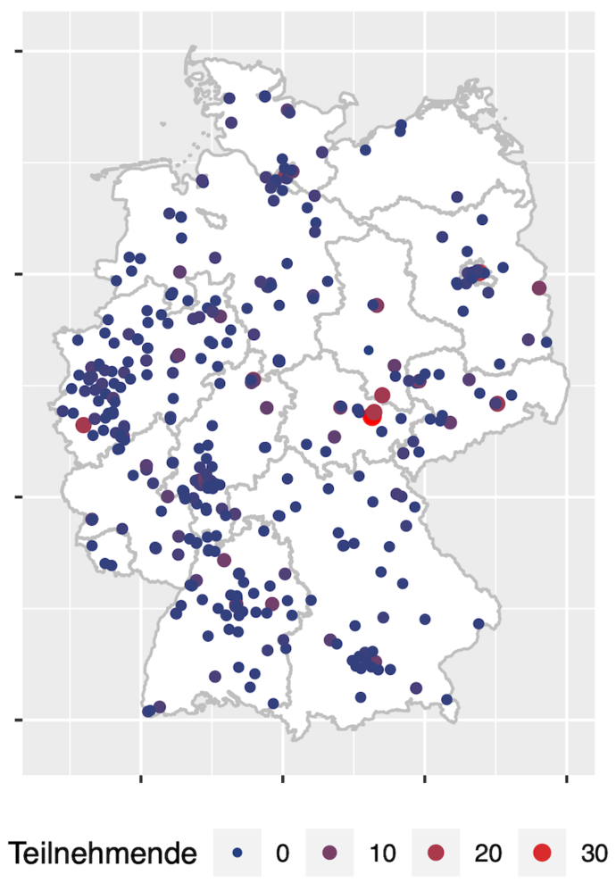 Verteilung der Schulen in Deutschland mit Teilnehmenden an der 1. Runde zur IPhO 2023.