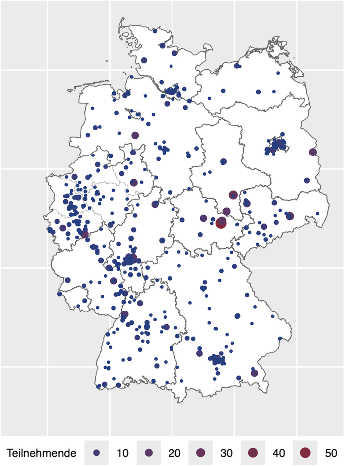 Verteilung der Schulen in Deutschland mit Teilnehmenden an der 1. Runde zur IPhO 2027.