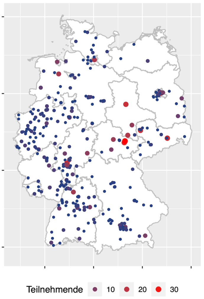 Verteilung der Schulen in Deutschland mit Teilnehmenden an der 1. Runde zur IPhO 2024.