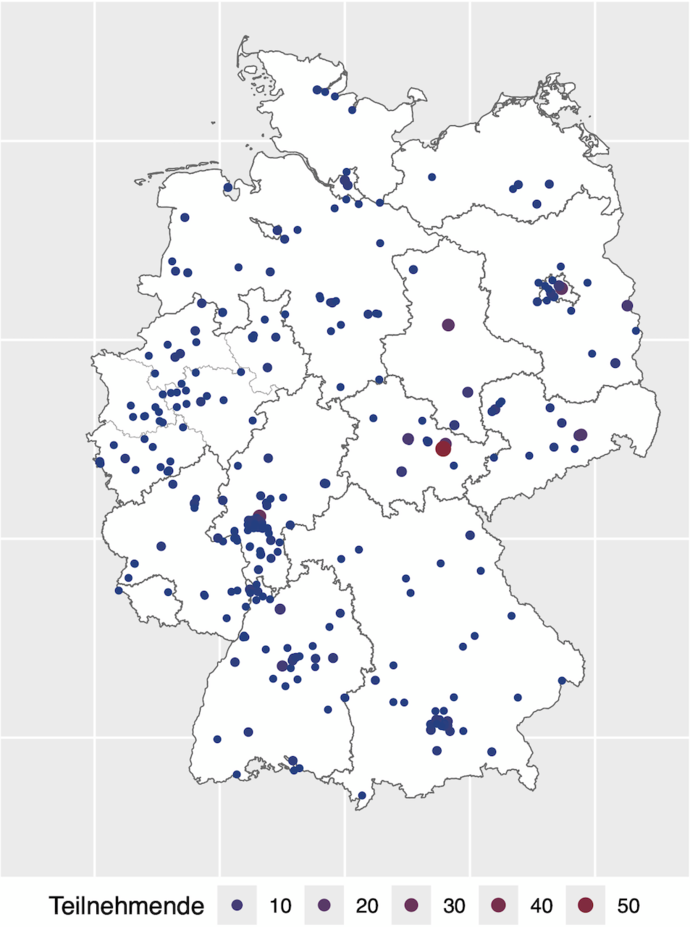 Verteilung der Schulen in Deutschland mit Teilnehmenden an der 1. Runde zur IPhO 2025.