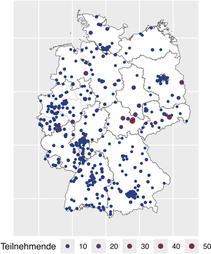 Verteilung der Schulen in Deutschland mit Teilnehmenden an der 1. Runde zur IPhO 2026.
